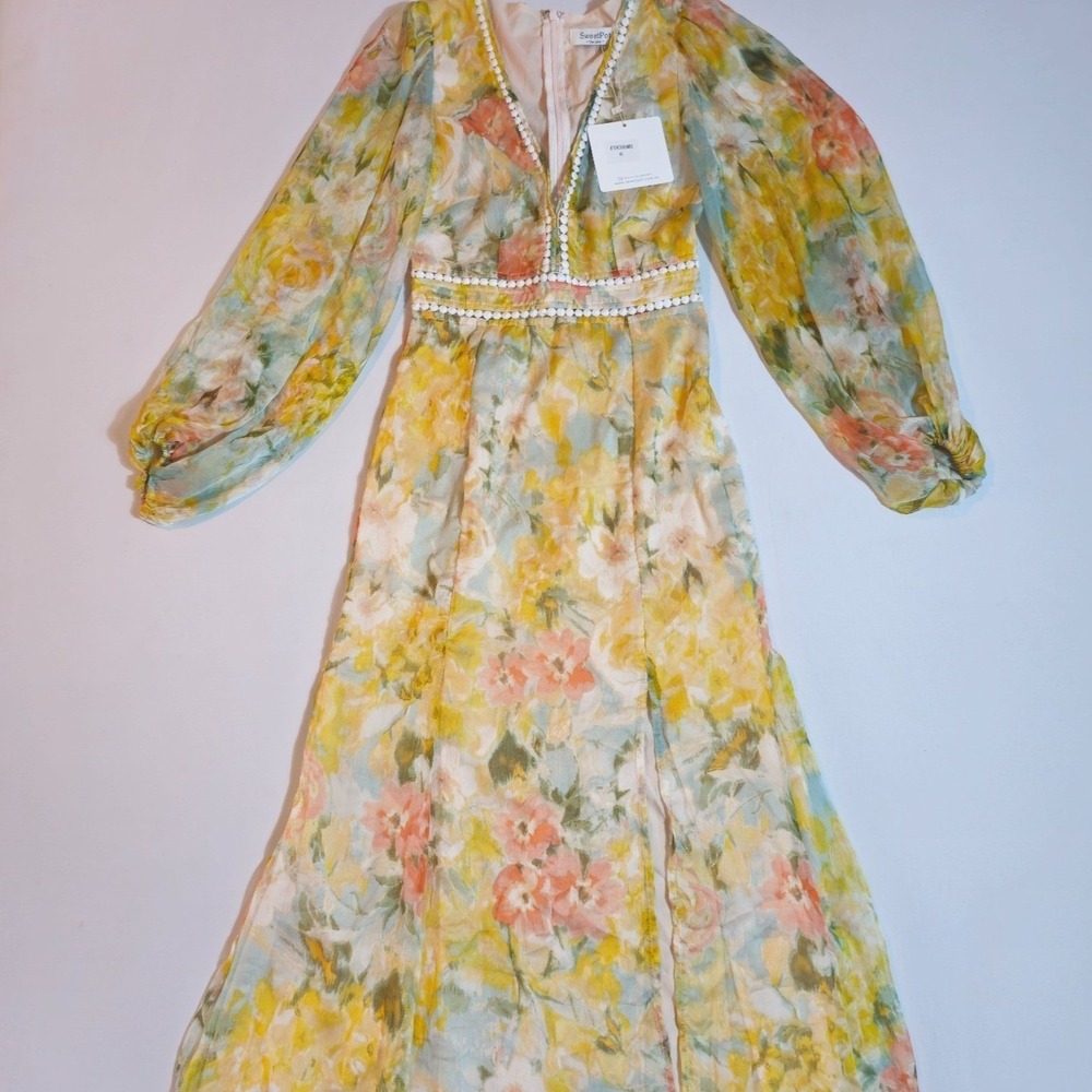 Sweet Pot Maxi Dress Women's 2 Multicolor Lined Floral Lace Trim Balloon Sleeve
